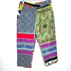 Vintage Cache 100% Silk Boho Patchwork Print Floral Paisley Ankle Straight Pants